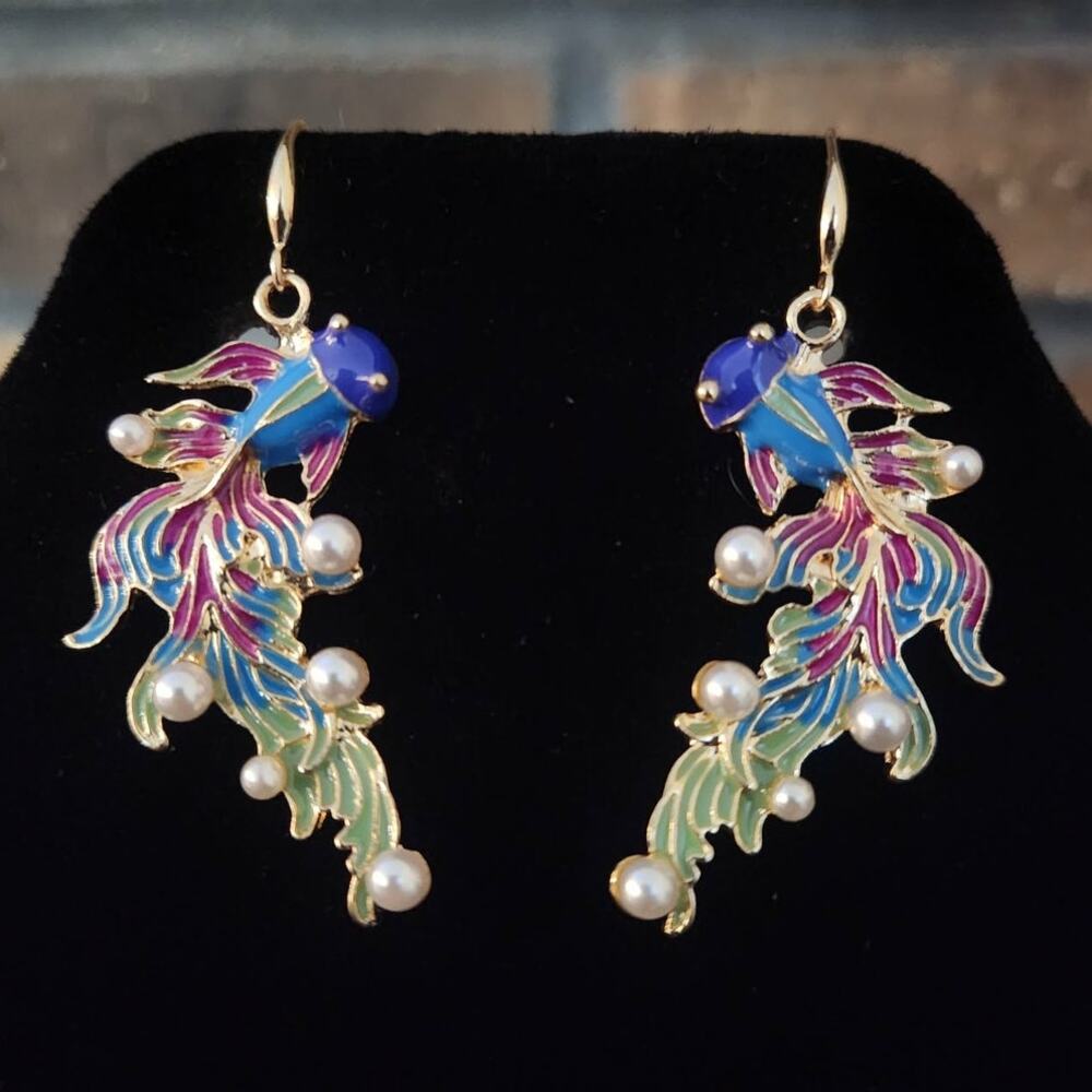 Multi Colored Enamel Koi Fish Drop Earrings Adorned With Faux Pearls